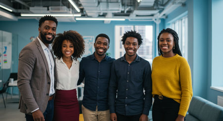Portrait of smiling african american business team standing in officeの ...