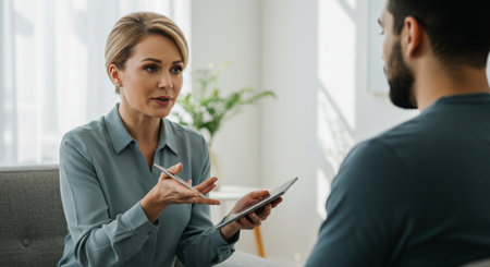 selective focus of businesswoman showing digital tablet to colleague in officeの素材