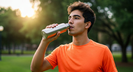 Young man drinking water after workout in the park. Sport and healthy lifestyle concept.の素材