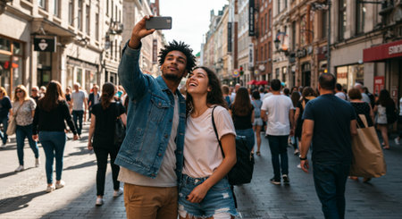 Young couple taking a selfie on the street of the European city.の素材
