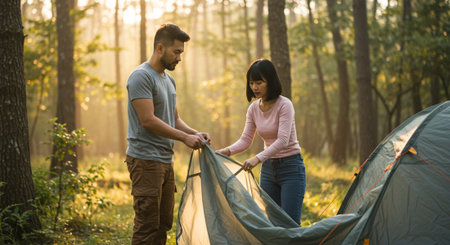 Young couple setting up a tent in the forest. Couple campingの素材
