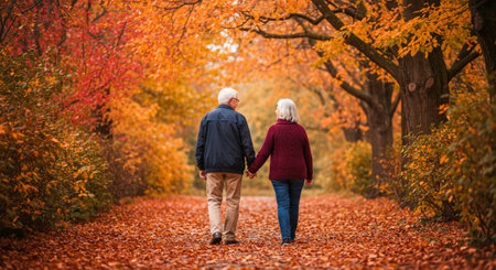 Senior couple walking in the autumn park. Retired people lifestyle.の素材