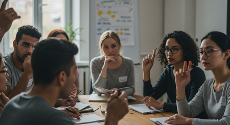 selective focus of multicultural businesspeople gesturing during meeting in officeの素材