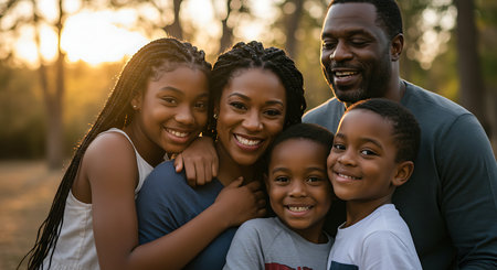 Happy african american family spending time together in park at sunsetの素材