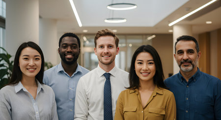 Multiethnic group of business people standing in a row in an officeの素材