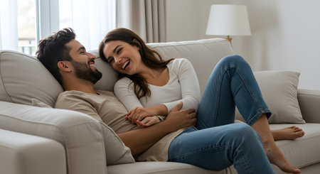Happy young couple relaxing on sofa in living room at home. Smiling man and woman looking at each other and laughing.の素材