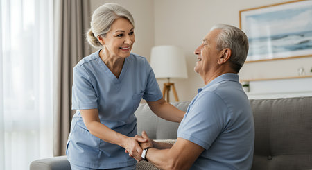 smiling nurse holding hands of senior man while sitting on sofa at homeの素材