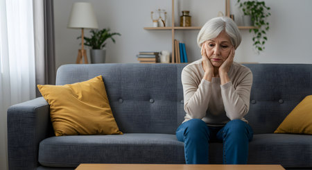 sad senior woman sitting on sofa and looking at camera at homeの素材