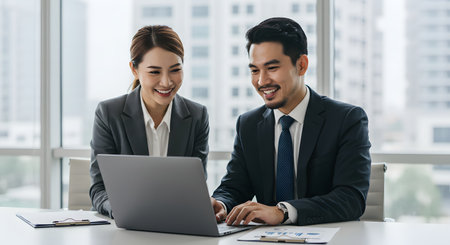 Businessman and businesswoman working together with laptop computer in modern office.の素材