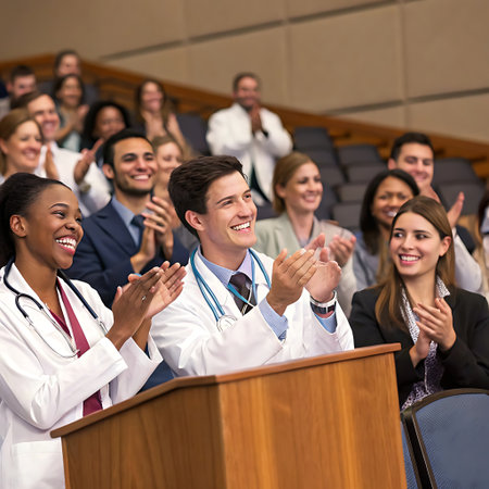 group of doctors and nurses applauding at a medical conference or seminarの素材