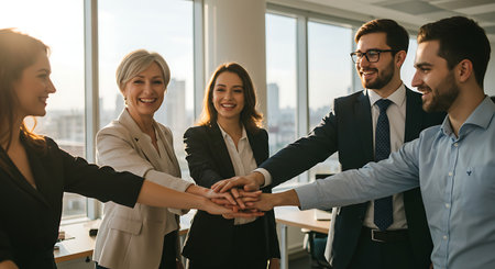 Group of business people joining hands in office. Teamwork concept.の素材