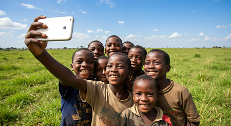 African children taking a selfie with a mobile phone in the field.の素材