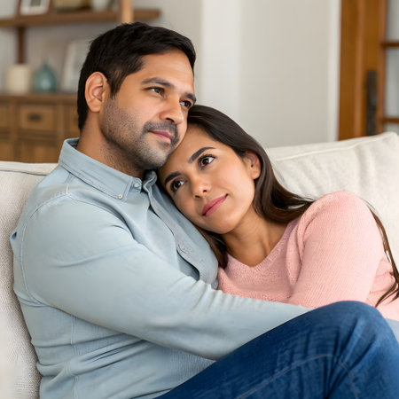 Couple sitting on sofa and looking at camera at home in the living roomの素材