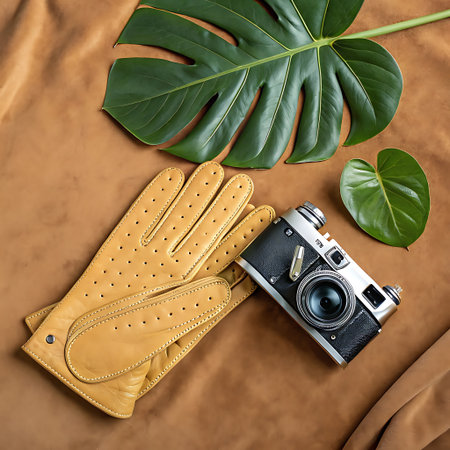 Vintage camera, leather gloves and monstera leaf on brown backgroundの素材