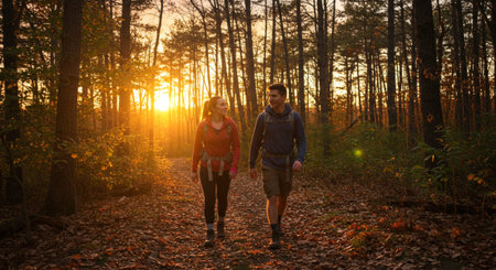 Young couple jogging in autumn forest at sunset. Healthy lifestyle.の素材