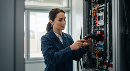 selective focus of woman in uniform using digital tablet while standing in server roomの素材