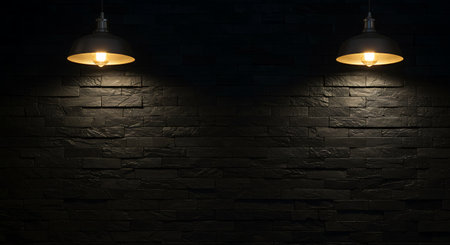 Two hanging lamps on dark brick wall background. 3d rendering.の素材