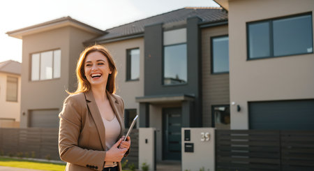 Portrait of young businesswoman holding digital tablet in front of new houseの素材