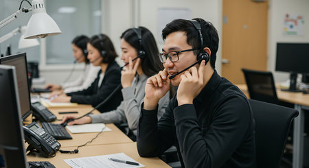 Business people wearing headset working actively in office. Call center, telemarketing, customer support agent provide service on telephone video conference call.の素材