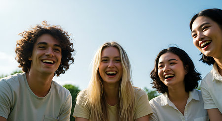 Group of happy young people having fun outdoors in the park. They are laughing and looking at camera.の素材