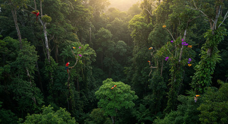 Parrots flying in the jungle of Costa Rica, Central America.の素材
