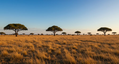 African savannah with acacia trees at sunset in Kenya, Africaの素材