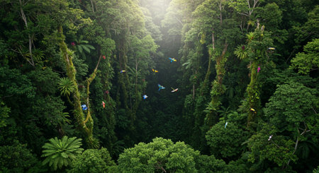 Tropical rainforest with colorful kites flying in the skyの素材
