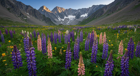 Lupine flowers in the mountains of Kyrgyzstan.の素材