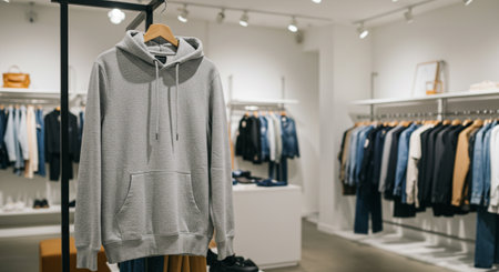 Blurred view of a hoodie on a mannequin in a clothing storeの素材