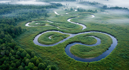 Aerial view of the river flowing through the forest in the fogの素材