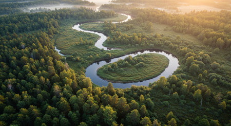 Aerial view of the river in the forest. Beautiful summer landscapeの素材