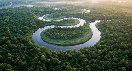 Aerial view of the forest and the river in the morning.の素材