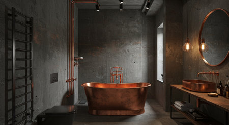 Interior of modern bathroom with dark gray walls, concrete floor, comfortable brown bathtub and double sink. 3d renderingの素材