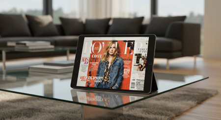 tablet pc with fashion magazine on the table in modern living roomの素材