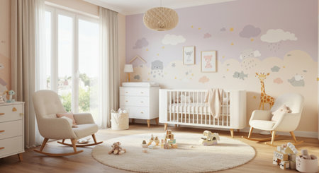 3d rendering of a baby room interior with a crib and toysの素材