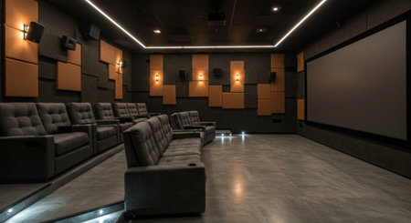 3D rendering of a modern cinema hall with sofas and lightsの素材