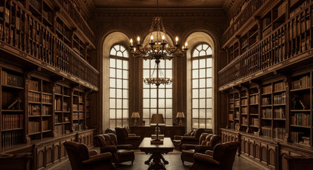 3d rendering of an old library interior with bookshelves and armchairsの素材
