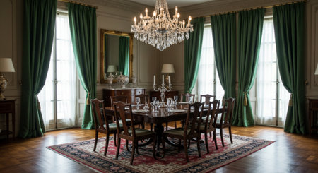 Interior of a classic dining room with wooden furniture and green curtainsの素材