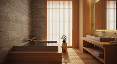 Interior of modern bathroom with wooden walls, concrete floor, comfortable bathtub and window. 3d renderingの素材