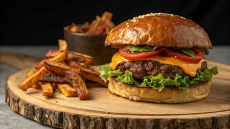 Cheese burger - American cheese burger with Golden French fries on woodの素材