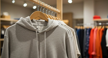 Men's clothing on hangers in the store. Blurred backgroundの素材