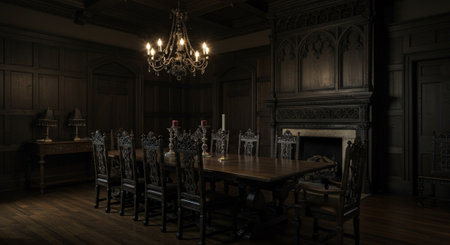 3d rendering of an old castle interior with a wooden table and chairsの素材