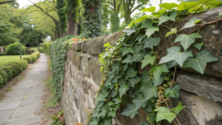 Ivy on a stone wall in a park, London, UKの素材