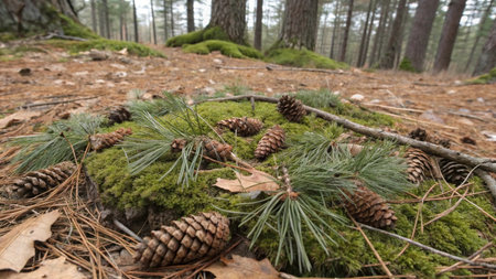 Pine cones on a mossy ground in a coniferous forestの素材