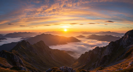 Sunrise in the mountains. Panorama of a beautiful sunset in the mountains.の素材