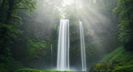 Panoramic view of the beautiful waterfall in the green forest.の素材