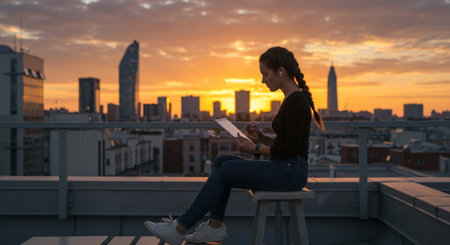 Young woman sitting on the roof and reading a book in the city at sunsetの素材
