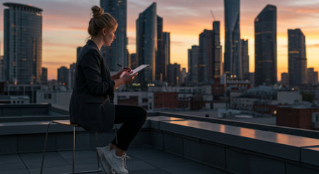 Young businesswoman sitting on the roof of a skyscraper and writing in a notebookの素材