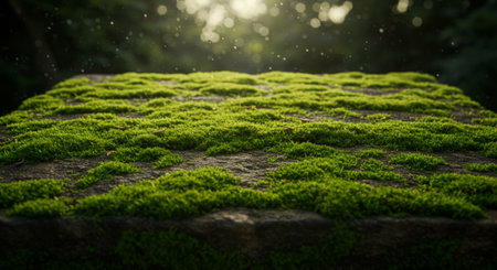 Green moss in the garden with sunlight and bokeh background.の素材