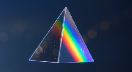 3d illustration of a crystal pyramid with a rainbow in the centerの素材